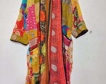 Kimono reversibile Boho Kantha taglia unica: vestaglia vintage in cotone patchwork stile boho