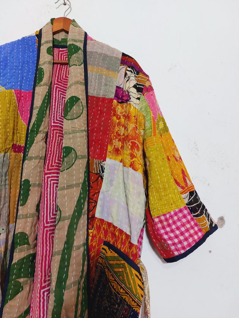 Vintage Kantha Patchwork Kimono Jacket, Boho Indian Sari Duster, Bohemian Cotton Robe image 9