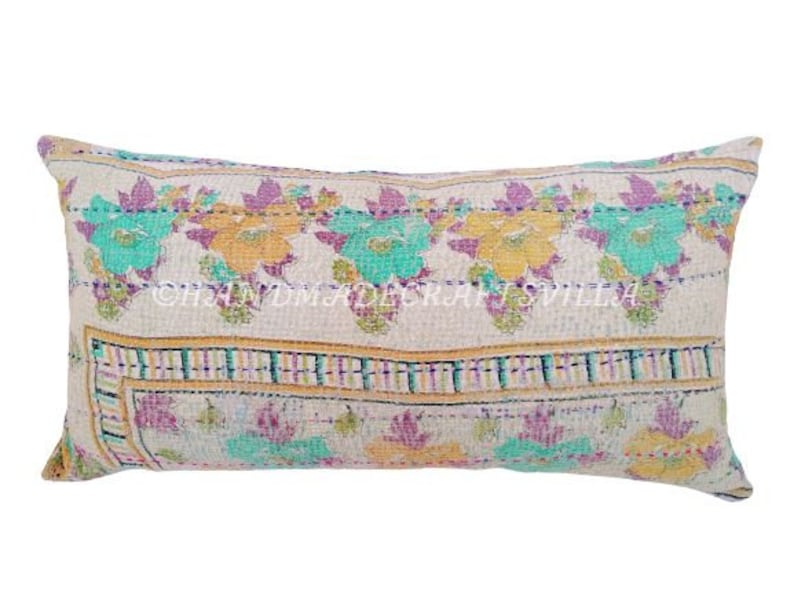 Indian Bohemian Patchwork Kantha Cushion Cover Size 18x36 inch Vintage Kantha Handmade Pillow Cover