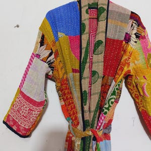 Vintage Kantha Patchwork Kimono Jacket, Boho Indian Sari Duster, Bohemian Cotton Robe image 2