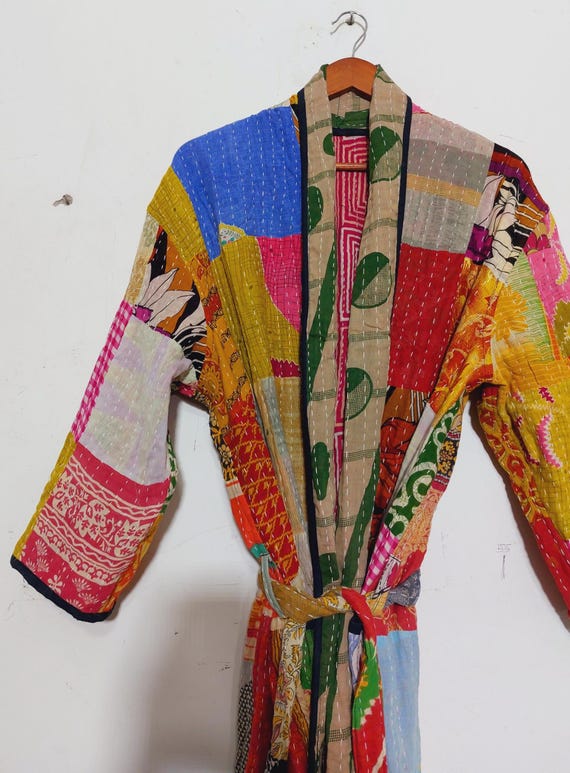 Boho Handmade Kantha Kimono Jacket Vintage Quilted Cotton Robe