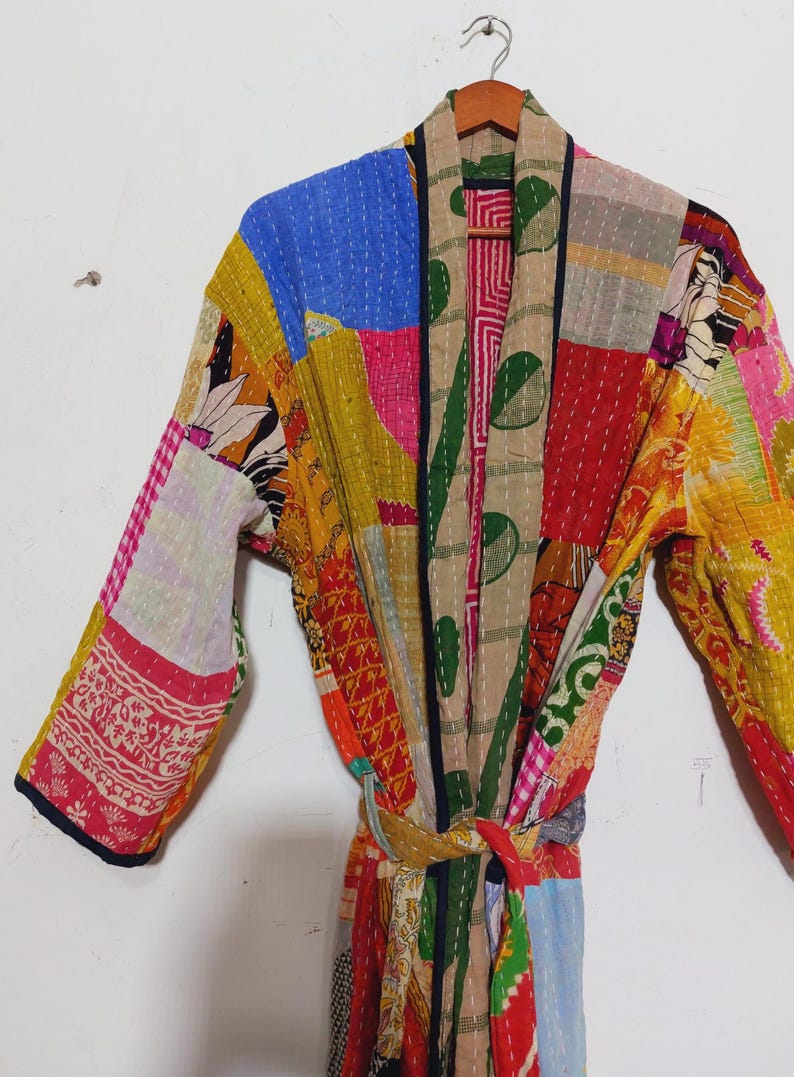 Vintage Kantha Patchwork Kimono Jacket, Boho Indian Sari Duster, Bohemian Cotton Robe image 2