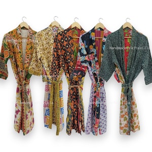 Boho Kantha Kimono - Vintage Recycled Cotton Quilted Floral Bath Robe Fre Size