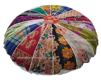 Fodera per pouf patchwork Kantha vintage / Cuscino da pavimento indiano boho da 81 cm, ottomano in sari riciclato