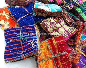 20 Pcs Indian Kantha Fabric Squares: Recycled Cotton Quilting Pack