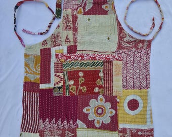 Avental acolchoado vintage Kantha: algodão patchwork boho, pescoço ajustável