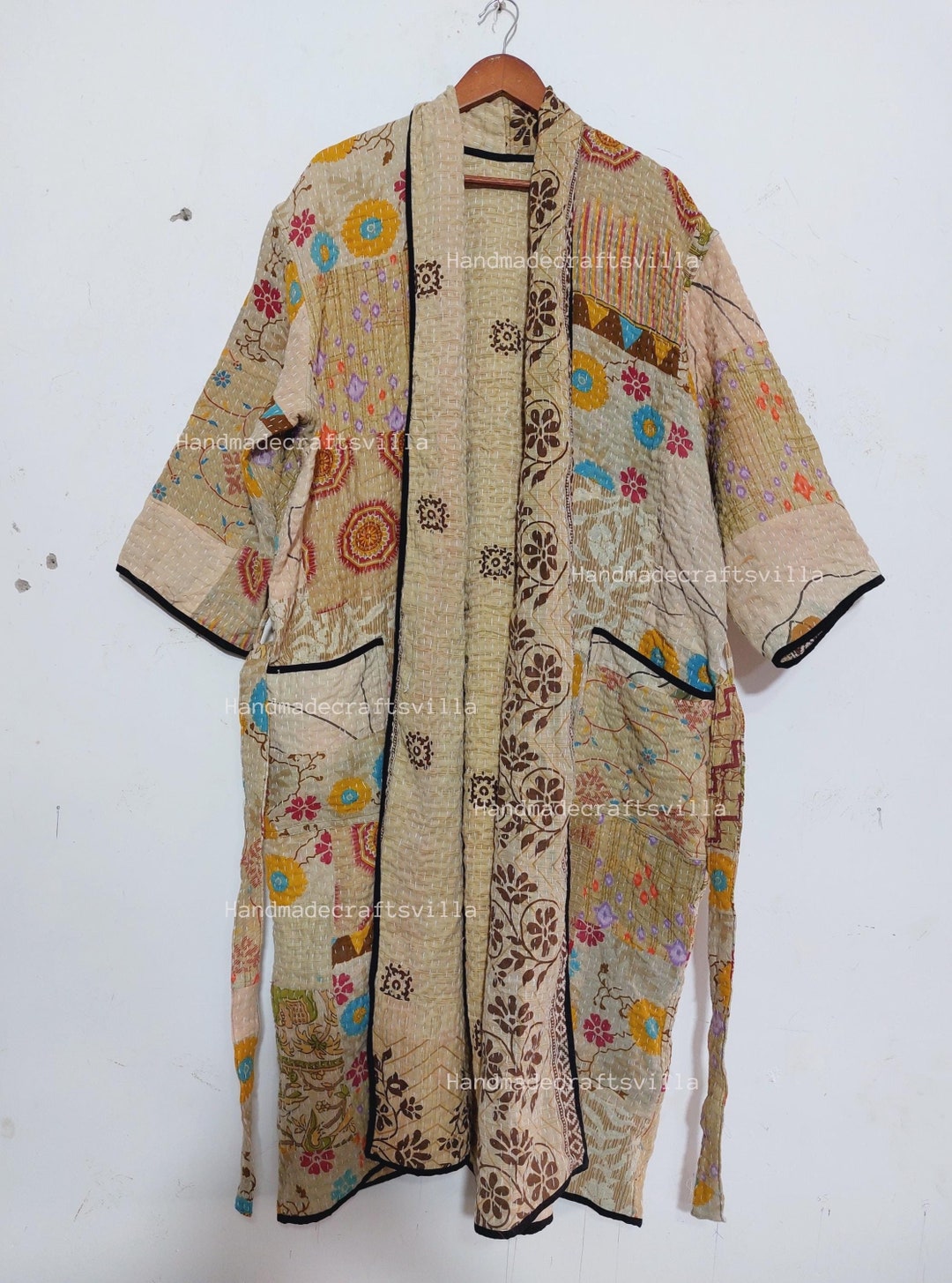 Vintage Kantha Cotton Beige Kimono Patchwork Bath Robe Cotton Robe ...