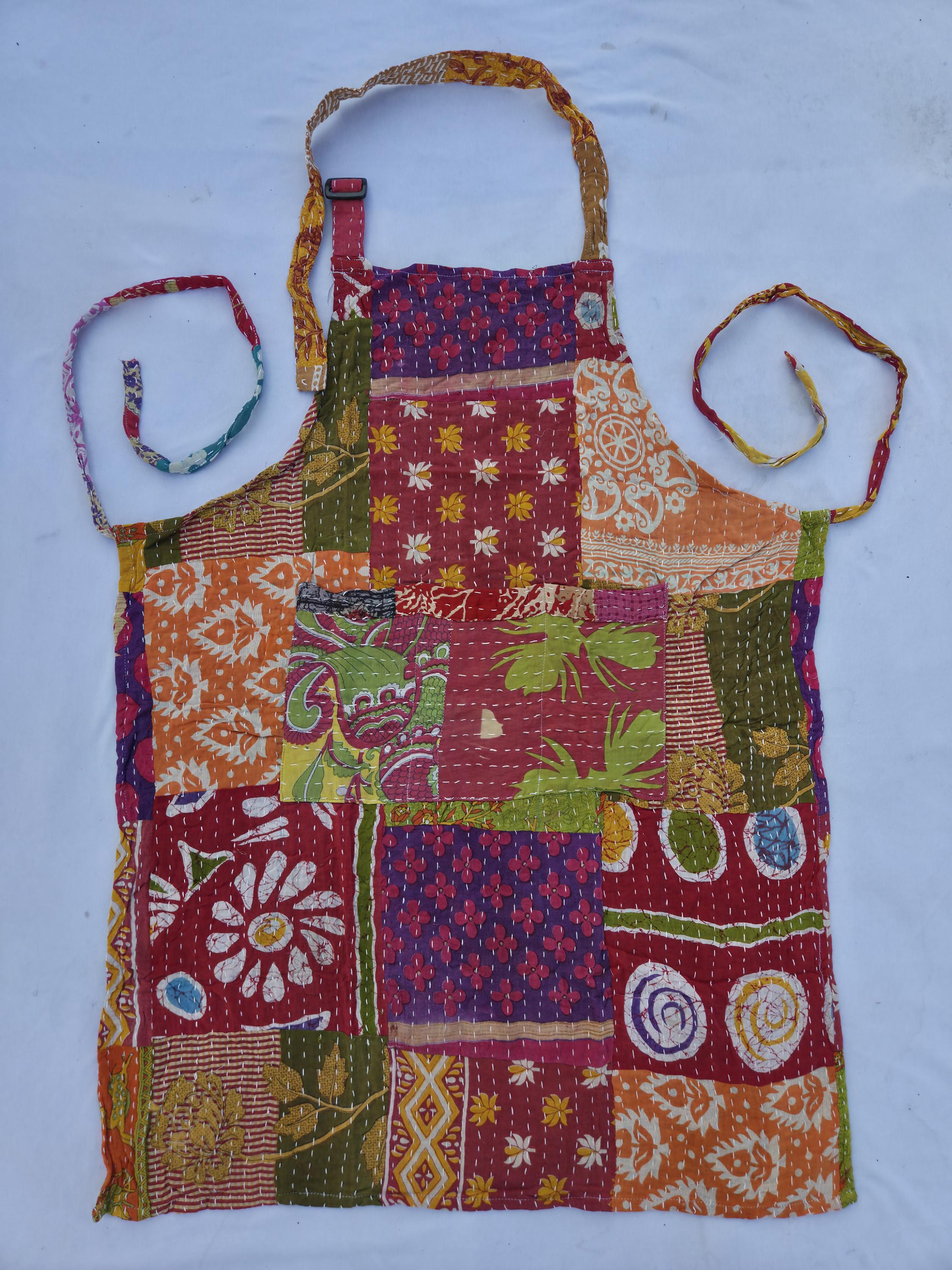 Vintage Kantha Quilted Apron: Handmade Floral Cotton Kitchen Wear