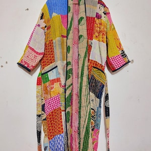 Vintage Kantha Patchwork Kimono Jacket, Boho Indian Sari Duster, Bohemian Cotton Robe image 8