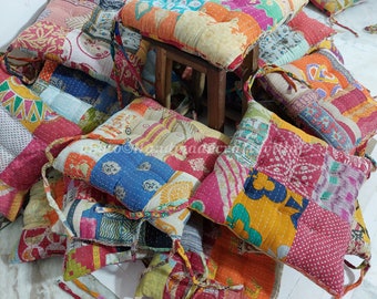 Handmade Kantha Chair Pad: 100% Cotton Seat Cushion, Assorted Colors