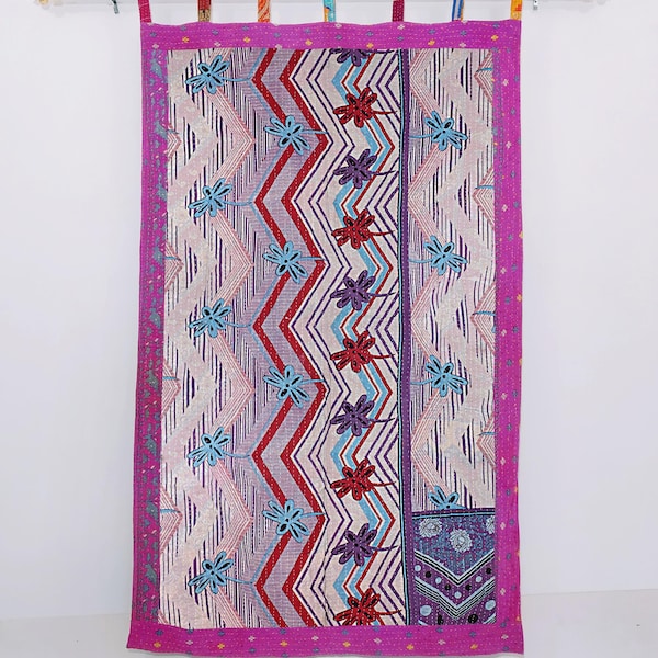 Cortina de ducha Kantha acolchada de algodón indio vintage, decoración de baño estilo boho patchwork Sari