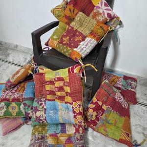 Cojín para silla vintage Kantha Patchwork de 1 pieza – Cojín vintage de algodón Sari