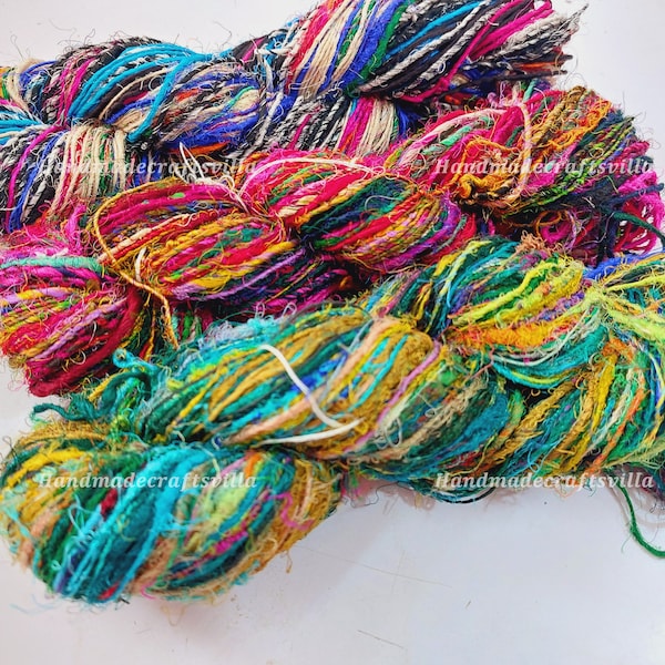 Sari silk yarn recycled sari silk yarn 5 meter per lot - multicolored silk yarn - sari silk waste yarn - silk yarn