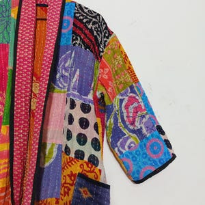 Vintage Kantha Patchwork Kimono Jacket, Boho Indian Sari Duster, Bohemian Cotton Robe image 6