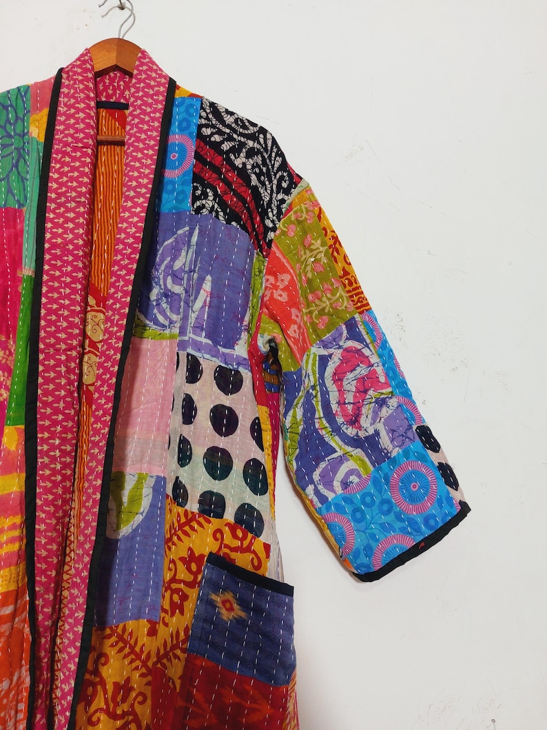 Vintage Kantha Patchwork Kimono Jacket, Boho Indian Sari Duster, Bohemian Cotton Robe image 6