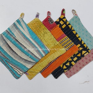 Kantha Quilted Pot Holders: Set of 5 Vintage Cotton Hot Pads