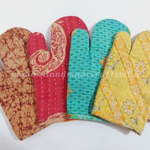 Vintage Kantha Handmade Cotton Quilted Oven Mitts, Pot Holder, Gloves