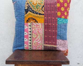 Handmade Kantha Pillow Cover – Recycled Saree Patchwork Cushion – Boho Home Decor