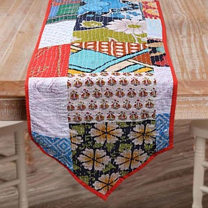 Handmade Kantha Quilted Table Runner: Patchwork Cotton, 16x72