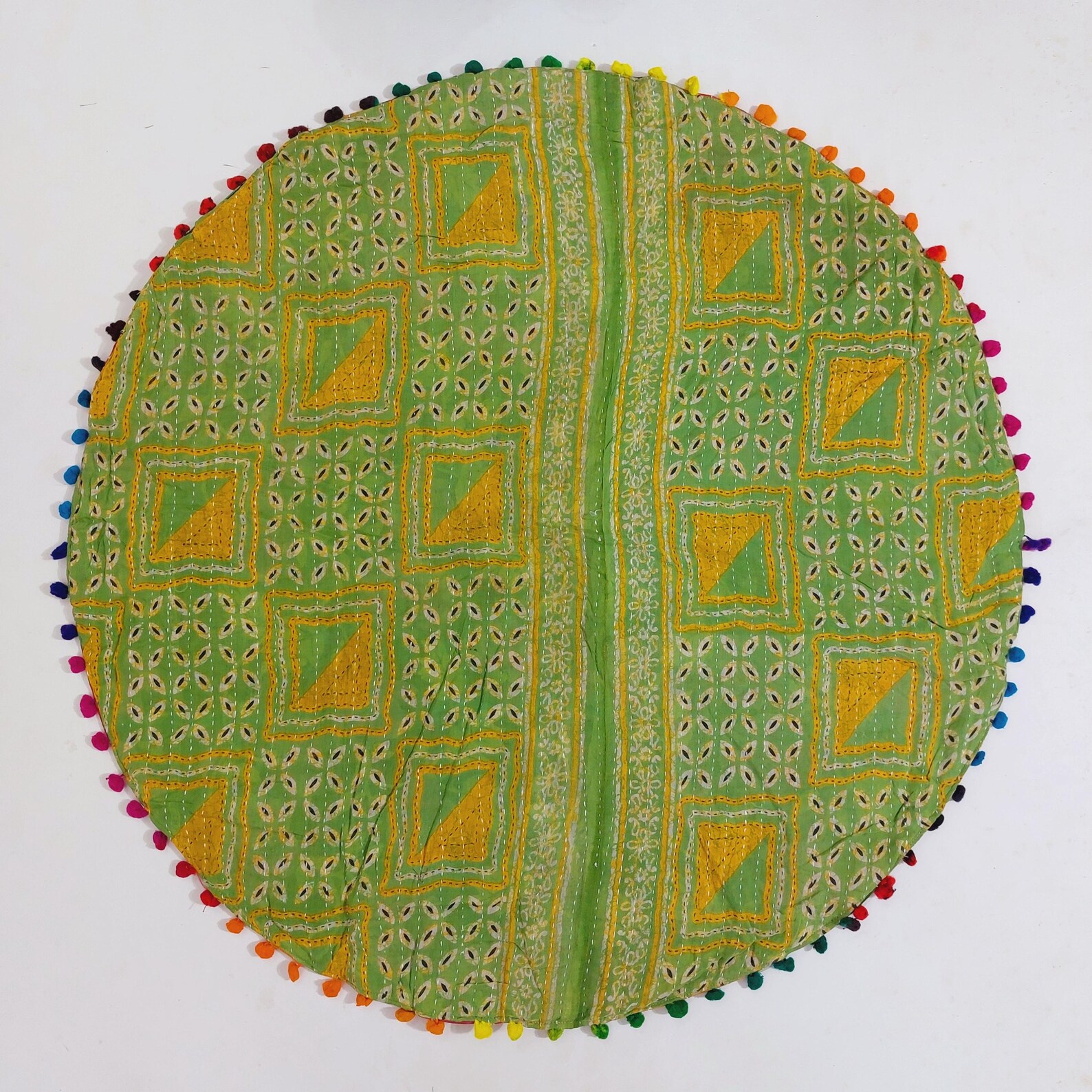 Kantha Round Patchwork Floor Mat | Vintage Saree Rug | Pom Pom Trim ...