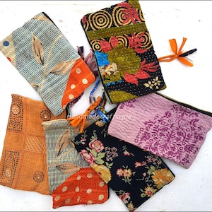 Pochette Kantha, trousse à bijoux, trousse à maquillage, trousse à maquillage, porte-monnaie, portefeuille, 5 pièces