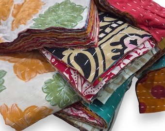 Vintage Kantha Quilted Fabric Scraps: 20 Pcs Recycled Sari Squares