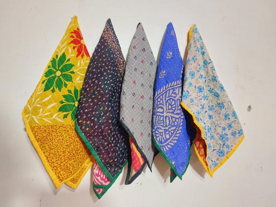 Handmade Kantha Kitchen Towels 5 Pcs : Recycled Cotton Patchwork Set, Boho Eco Friendly Dish Cloths