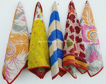 Handgemachtes Geschirrtuch Set 5 Stück: Vintage Kantha Recycled Sari Patchwork (50x60 cm)