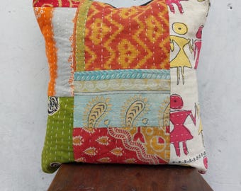 Vintage Kantha Patchwork Pillow Cover | Handmade Indian Cushion