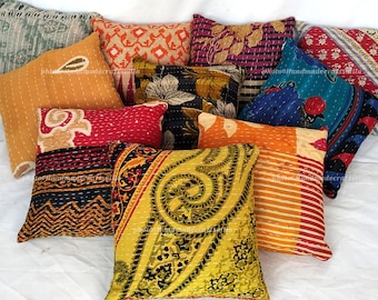 Set of 4 Vintage Kantha Pillow Covers: Bohemian Floral Cushion, 18x18