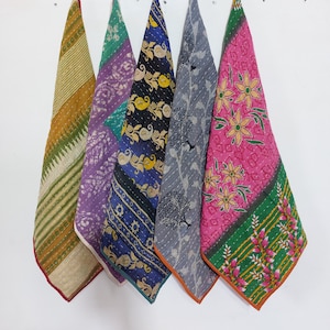 Vintage Kantha Towel Set 5 : Handmade Recycled Sari Patchwork Kitchen Towels
