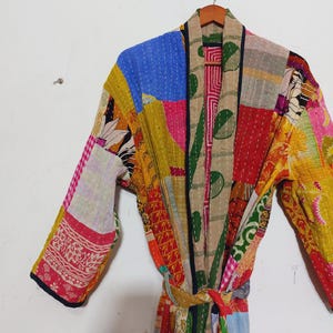 Vintage Kantha Patchwork Kimono Jacket, Boho Indian Sari Duster, Bohemian Cotton Robe image 10
