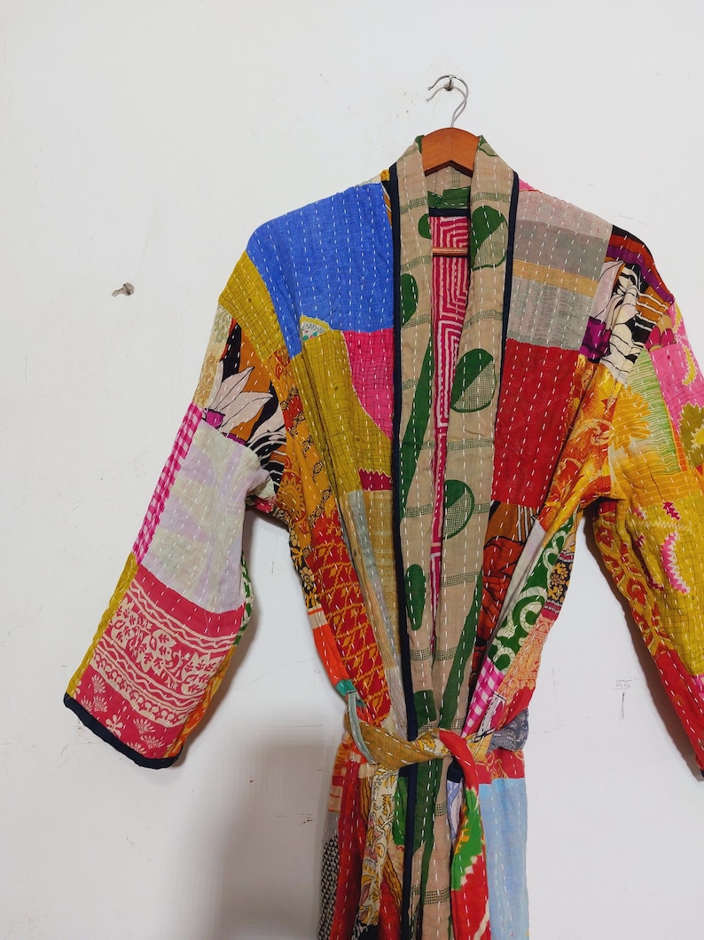 Vintage Kantha Patchwork Kimono Jacket, Boho Indian Sari Duster, Bohemian Cotton Robe image 10