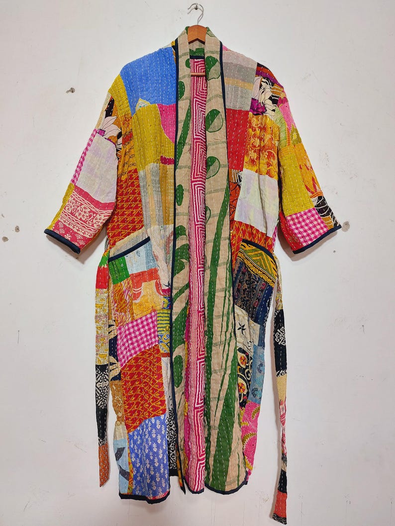 Vintage Kantha Patchwork Kimono Jacket, Boho Indian Sari Duster, Bohemian Cotton Robe image 1