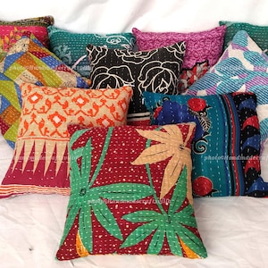 Set of 4 Vintage Kantha Pillow Covers: Bohemian Patchwork Cushions