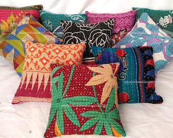 Vintage Kantha Pillow Cover Set of 4 : Bohemian Patchwork Cushions