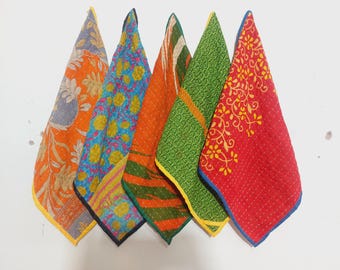 Set of 5 Handmade Indian Kantha Cotton Kitchen Towels, Reversible Sari Patchwork Dish Cloths