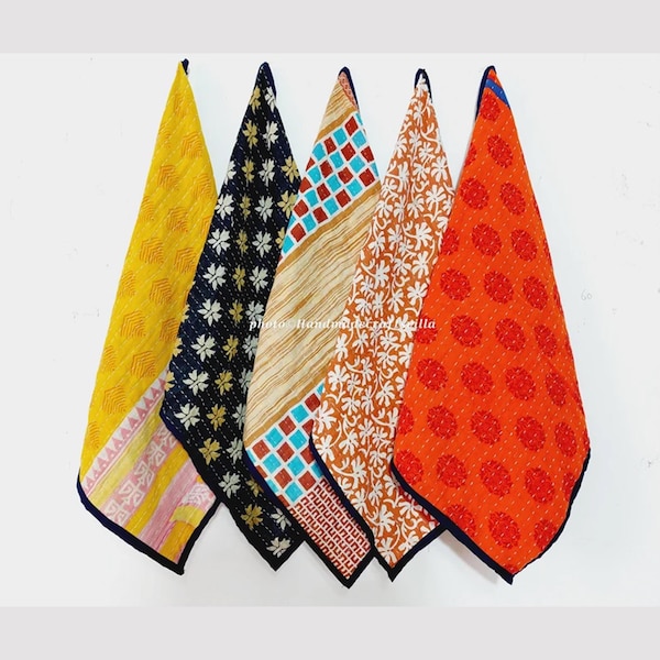 Vintage Kantha Geschirrtücher Set 5: Handgemachte Recycled Sari Stoff