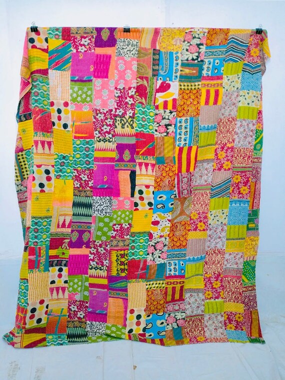 Vintage Hand-stitched Kantha Quilt: Recycled Sari Blanket (90x60