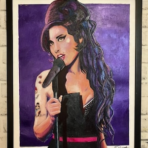 Amy Winehouse Portrait- Acrylic painting tribute on cardboard- 16”x 20”; classic black frame, Fan Art