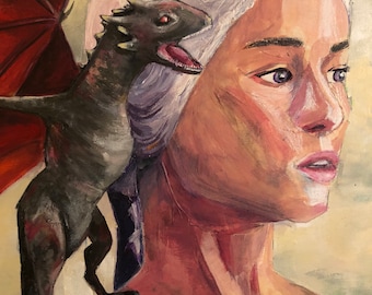 May include: A painting of a woman with long white hair and a small black dragon on her shoulder. The woman has a serious expression on her face and is looking to the right. The dragon is looking at the viewer.