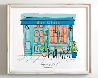 Custom where we met ,shop front hand drawn, our first date custom business portrait, personalized bar restaurant, cafe shop front watercolor