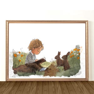 Impression d'art d'illustration de livre d'enfants, impression de chambre de bébé - Art mural fantaisiste pour chambre d'enfant, illustration de lapin et de garçon, impression mignonne