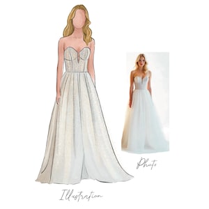 Fashion illustration ,custom fashion illustrator, bridal wedding illustrator, fashion sketch of bridal gown, personalized sketch from photo