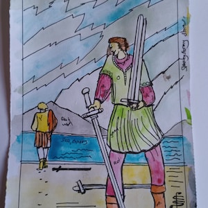 Pintura original de la carta del tarot CINCO DE ESPADAS de 1909, acuarela y pluma y tinta