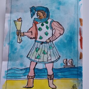 PÁGINA DE COPAS, pintura original de la carta del tarot, firmada por el artista, acuarela y pluma y tinta