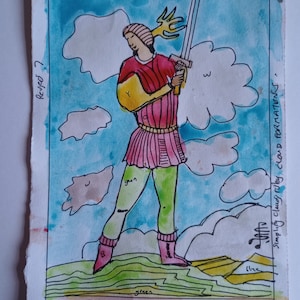 PÁGINA DE ESPADAS, pintura original de la carta del tarot, firmada por el artista, acuarela y pluma y tinta