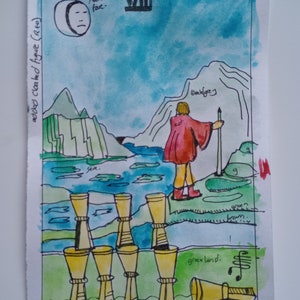 OCHO DE COPAS, pintura original de arte de cartas del tarot, artista firmado, acuarela y pluma y tinta