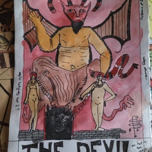 Pintura original de la carta del tarot EL DIABLO, FIRMADA, acuarela y pluma y tinta, alrededor de 1909