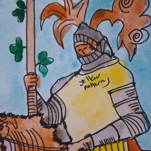 Pintura original de la carta del tarot CABALLERO DE BASTOS, artista firmado, acuarela y pluma y tinta